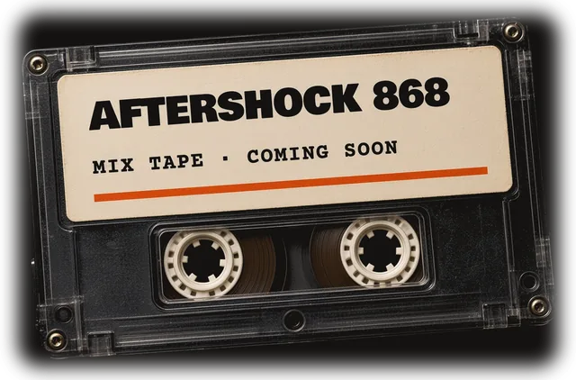Clear cassette tape with a cream label reading AFTERSHOCK 868, Mix tape · coming soon, with an orange stripe