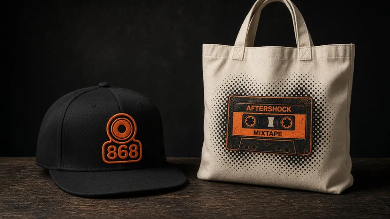 Concept: black snapback cap with an embroidered orange speaker-cone 868 badge, beside a canvas tote printed with an orange AFTERSHOCK MIXTAPE cassette