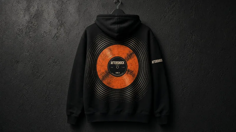 Concept: black hoodie on a hanger, back print of a large orange dubplate with an AFTERSHOCK Side A label, wordmark on the sleeve