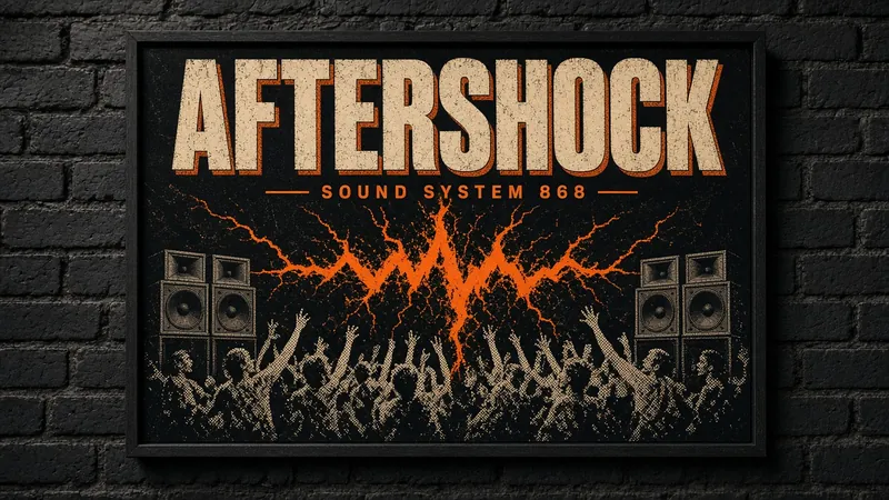 Concept: framed poster reading AFTERSHOCK Sound System 868, with speaker stacks either side of an orange shockwave over an illustrated crowd