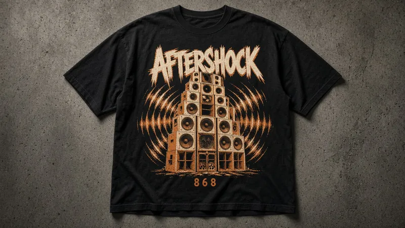 Concept: black T-shirt printed with a tall speaker stack, shockwave lines and a distressed AFTERSHOCK wordmark above 868